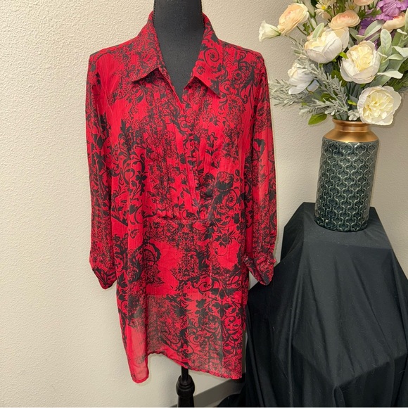 Catherines Tops - Catherines Red Black Sheer Tunic Blouse 1X Plus Size Gothic Boho